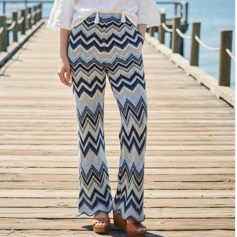 En Creme Women Blue Chevron Zig Zag Knit Wide Leg Boho Pants Small NEW - Picture 1 of 6
